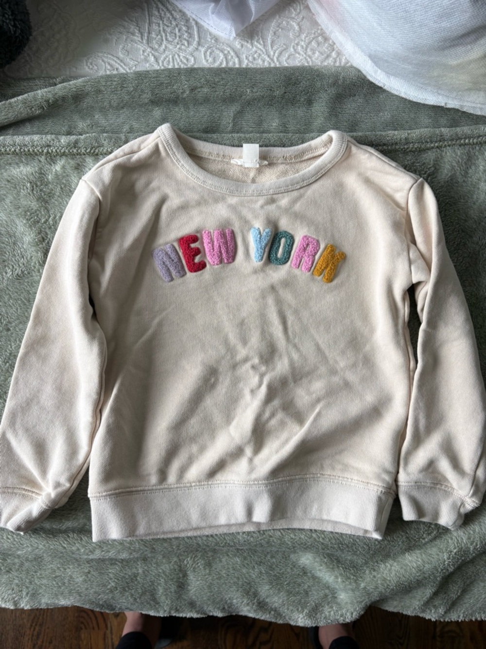 Crewcuts Cream Crewneck with Multicolor 'NEW YORK' Chenille Letters